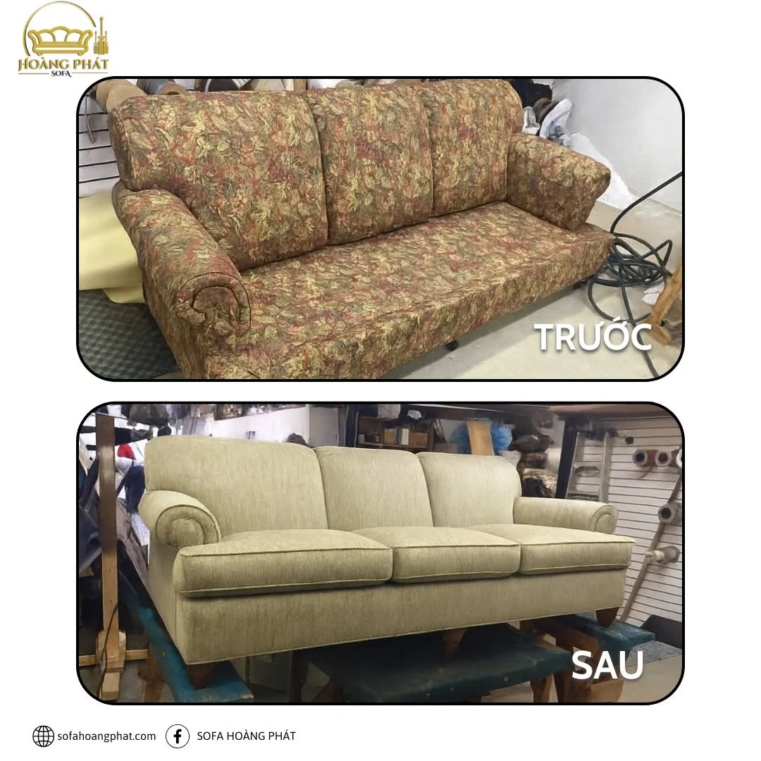 Sofa văng hoa văn trước và sofa văng vải xanh sau khi bọc lại