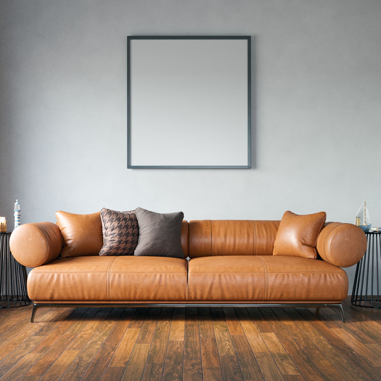 Sofa da màu bò rám nắng trong phòng khách